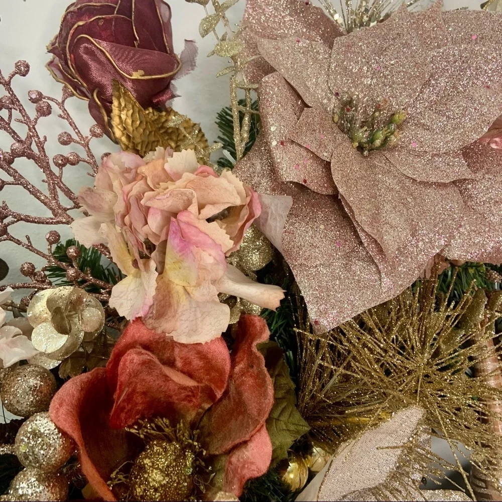 Rose Gold Blush Christmas Poinsettias Door Wall Wreath Romantic Victorian Wreath